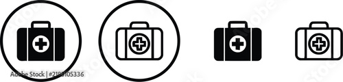 First aid kit medical box icon set. Healthcare and emergency symbols in solid and outline styles. First aid kit medical bag icon set in different styles for healthcare emergency and medical.