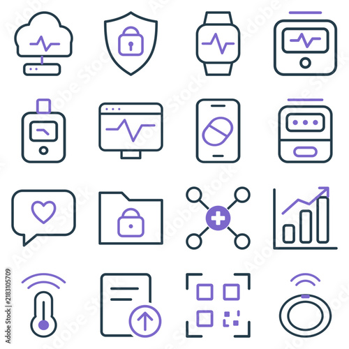 Connected health and remote monitoring set of 16 two tone outline icons