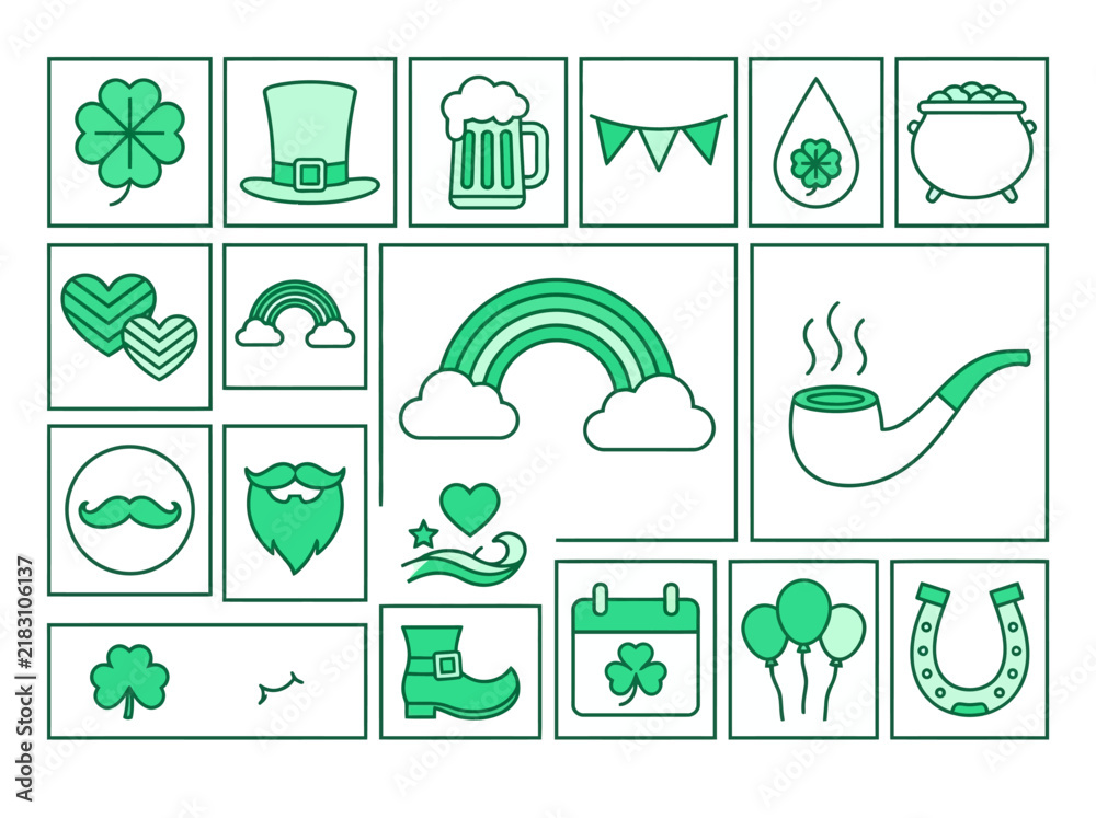 Obraz premium St. Patrick's Day Green Icon Collection with Shamrocks, Leprechaun Hat, and Rainbow
