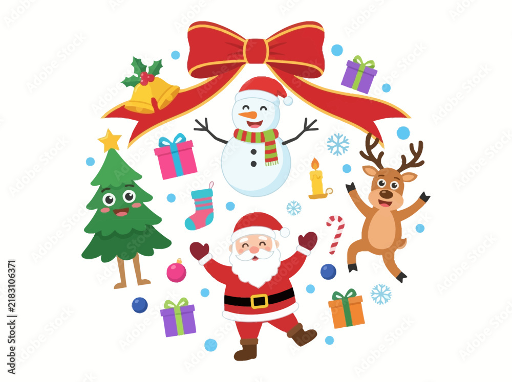 Fototapeta premium Cute Christmas Character Illustration Set featuring Santa, Snowman, Reindeer, and Holiday Elements