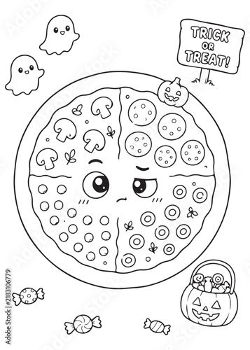 Coloring Page Book Halloween Pizza Enjoying Trick or Treat with Puppy Friend and Ghost Decorations Cute Kawaii Scene