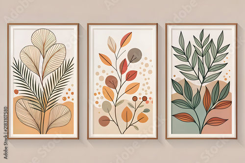 Minimalist Botanical Wall Art Mockup Triptych, Boho Foliage Leaf Prints in Frames, Modern Earth Tone Home Decor Poster Set