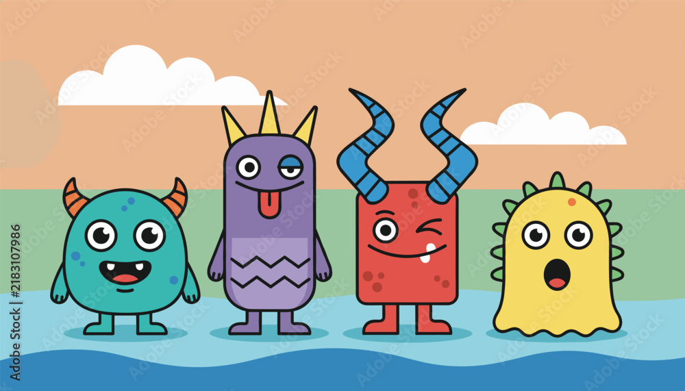 Obraz premium Four whimsical cartoon monsters standing together on a beach under a soft orange sky with white fluffy clouds.