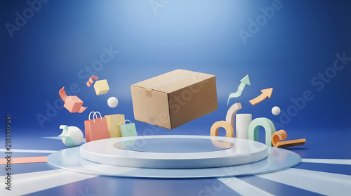 A brown cardboard shipping box is suspended above a white circular pedestal, surrounded by shopping bags, arrows, and 3D icons against a blue background, symbolizing e-commerce and fast delivery