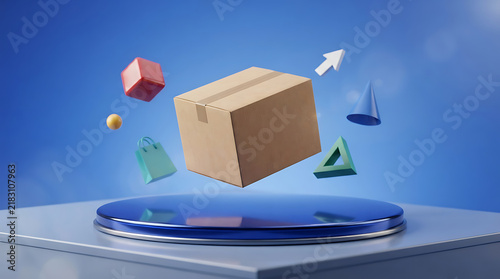 A brown cardboard shipping box floats above a glossy blue circular pedestal, surrounded by various colorful 3D shapes and icons against a blue background, representing logistics and online retail
