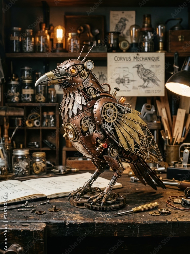 Obraz premium A meticulously crafted steampunk raven sculpture sits on a wooden workbench in a dimly lit workshop.