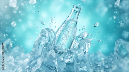 A clear glass bottle of refreshing mineral water placed inside a pile of melting ice cubes with a vibrant turquoise blue background, and floating water, droplets creating a, cool and crisp atmosphere