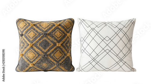 Two decorative square throw pillows with modern geometric patterns in yellow black and white colors