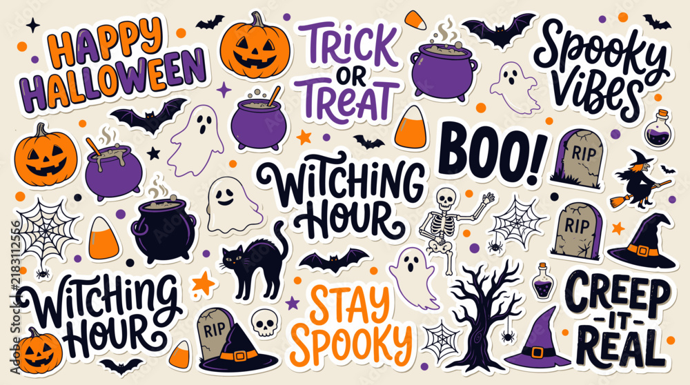 Fototapeta premium Colorful Halloween sticker set with playful ghosts, jack-o'-lanterns, black cats, and cauldrons featuring spooky hand-lettered quotes for festive seasonal crafts and holiday graphic design.
