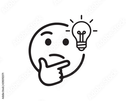 Thinking face emoji with lightbulb icon idea concept in black silhouette