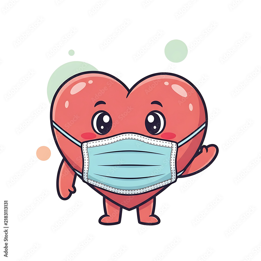 Fototapeta premium Cute Cartoon Heart Mascot Wearing Medical Face Mask Vector Illustration