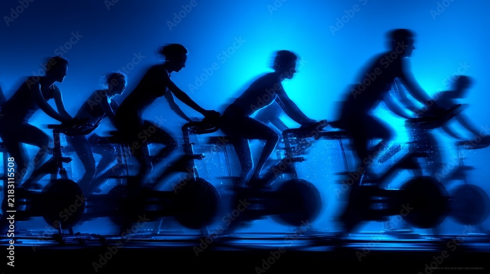 Obraz premium Overhead perspective of synchronous spin class movements against electric blue glowing background, perfect alignment of cyclists in rows, dynamic motion captured with slight blur effect, sweat