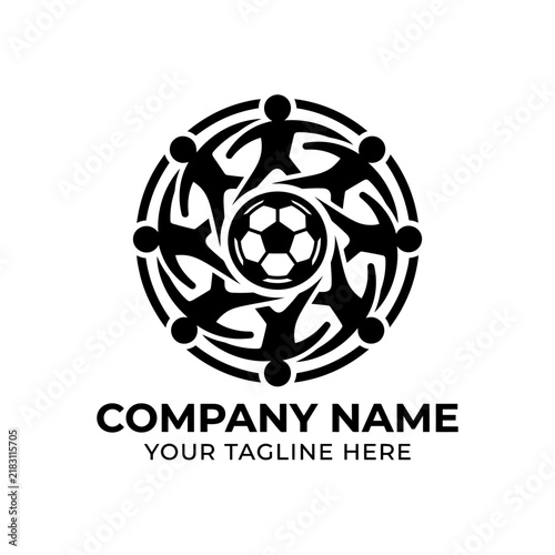 Teamwork football logo, unity of people around soccer ball, community, sport, teamwork concept