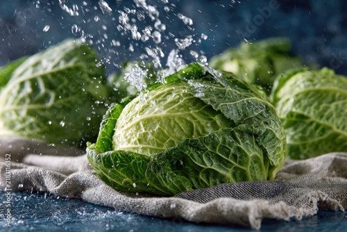 Naklejka Fresh cabbages being sprayed with water