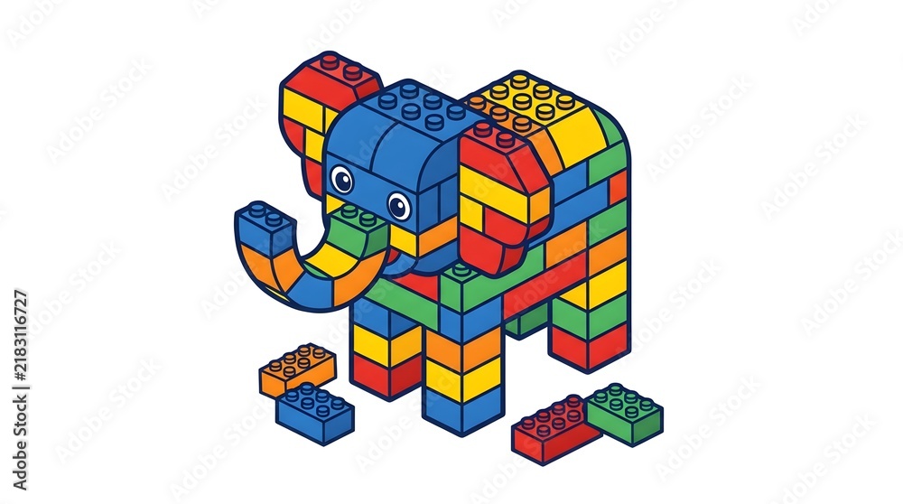 Fototapeta premium Brick Elephant — Bold Flat Vector Toy Building Bricks Illustration White Background
