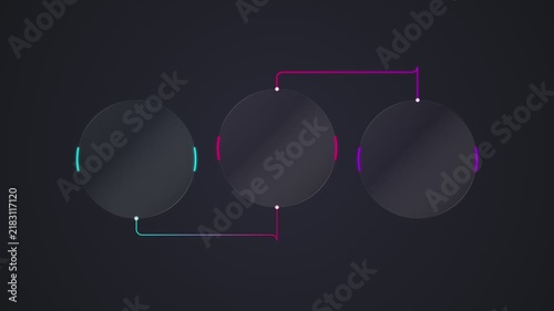 Three interconnected circular glowing glass panels for data presentation