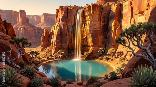 Waterfall cascading in a desert oasis with rocky cliffs and green pool