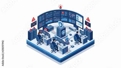 Isometric Cybersecurity Operations Center with Analysts Monitoring Network Security.
