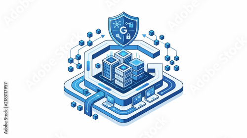 Isometric illustration of server data center protection and cloud security.