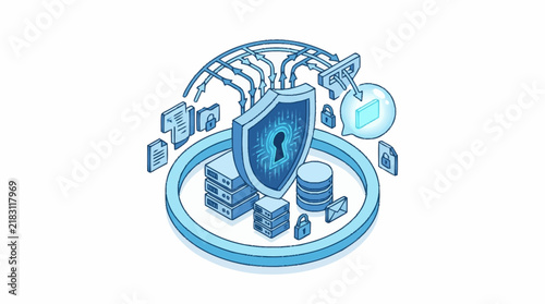 Isometric Cybersecurity Data Protection and Server Infrastructure Concept.