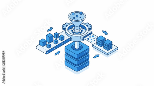 Isometric illustration of data processing and machine learning automation.