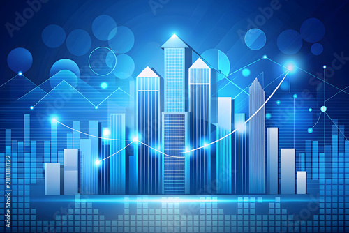 Financial growth chart with blue skyscrapers, rising stock market data graph, corporate business success concept with glowing digital arrows