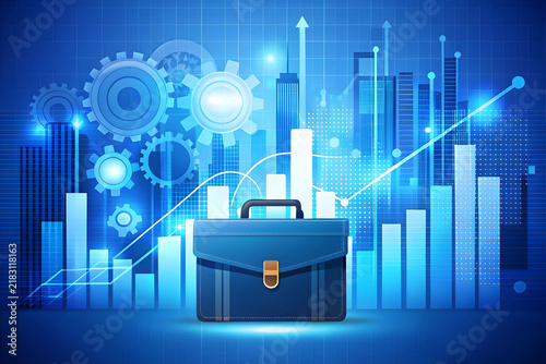 Financial growth concept with blue briefcase, rising stock market charts and glowing gears. Business success and economic development visualization.