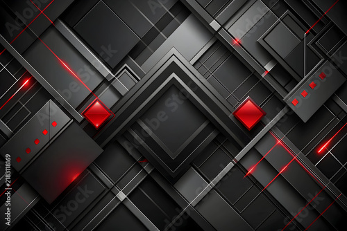 Futuristic dark geometric background with red neon accents, metallic black 3D square layers, high-tech abstract digital texture for gaming and tech