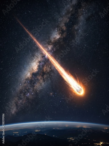 A brilliant meteor streaks across the night sky, illuminating the Milky Way galaxy. The celestial body leaves a fiery trail as it plunges through the Earth's atmosphere.
