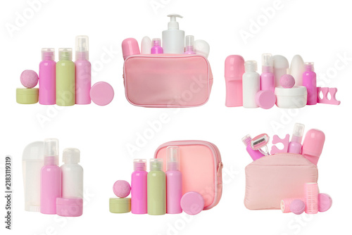 Cosmetic bags. Colorful cosmetic bag showcases variety of beauty products and toiletries. PNG