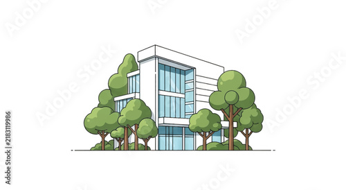 Modern Office Building with Trees Illustration 4.