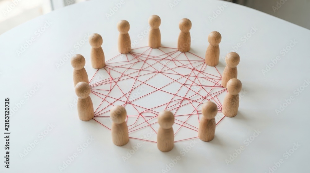 Obraz premium Wooden figures connected in a circular network of lines