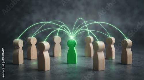 Green wooden leader figure connecting to surrounding group