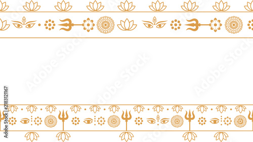 Gold Hindu religious border with trishula, lotus, and goddess eye symbols