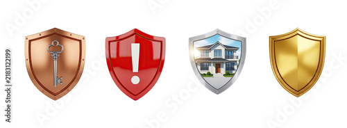Collection of 3D shield with different style. The shields are colored in bronze, red, silver, and gold.