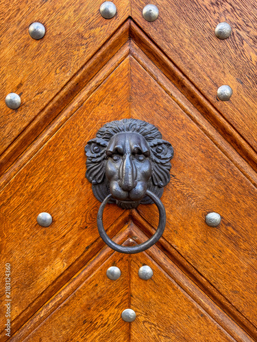 Obraz na płótnie Wooden carved door with decorative metal rivets and lion's head door knocker