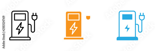 Modern electric car charging station icons set with lightning bolt