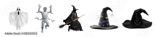 A collection of Halloween decorations is displayed against a transparent background. A ghostly apparition floats to the left, a mummified figure is posed in the center