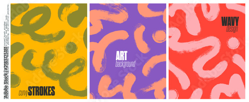 Bold doodle squiggle poster background set. Brush drawn curved thick lines and dot backgrounds for social media, kid's flyer, music poster. Vector Bold paint brush squiggle lines templates.