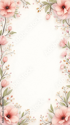 Pink watercolor floral border frame on cream background