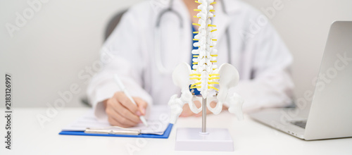 Bild auf Leinwand Doctor with human Spine anatomy model