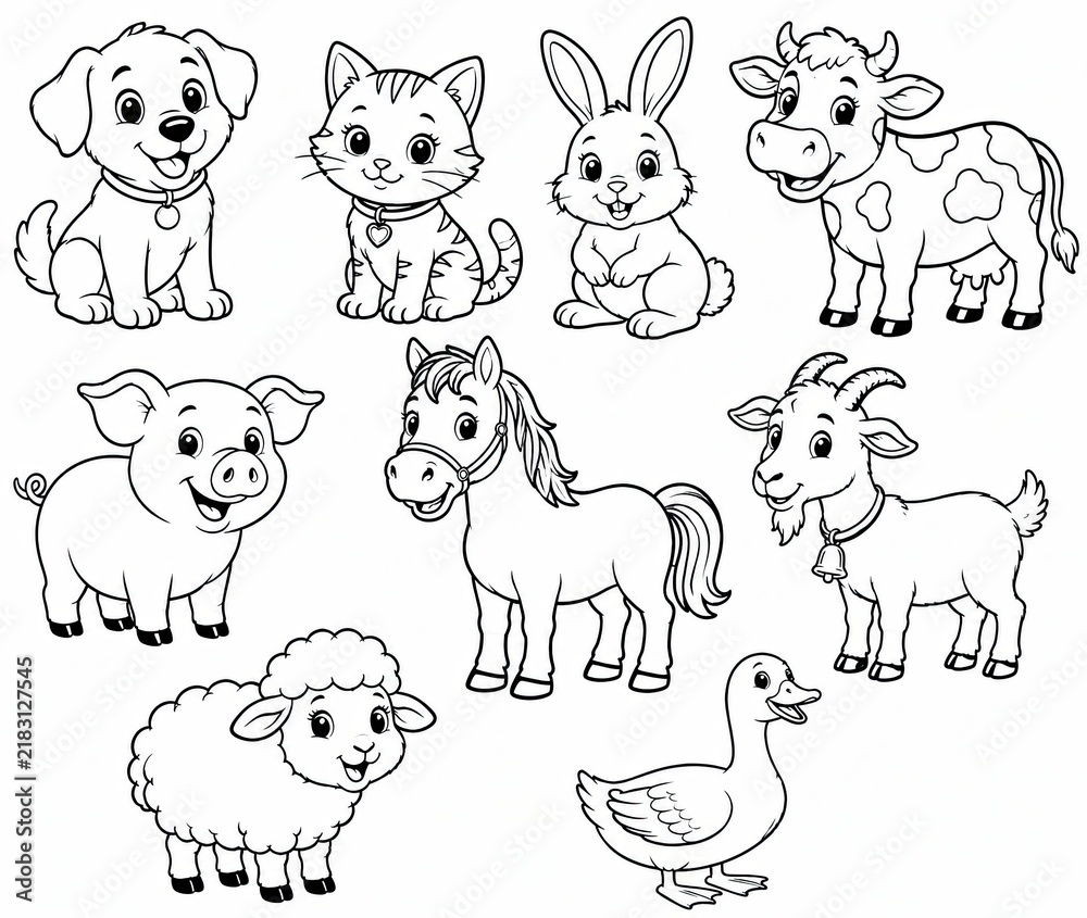 Fototapeta premium Set of cute farm animal outline drawings isolated on a white background for kids