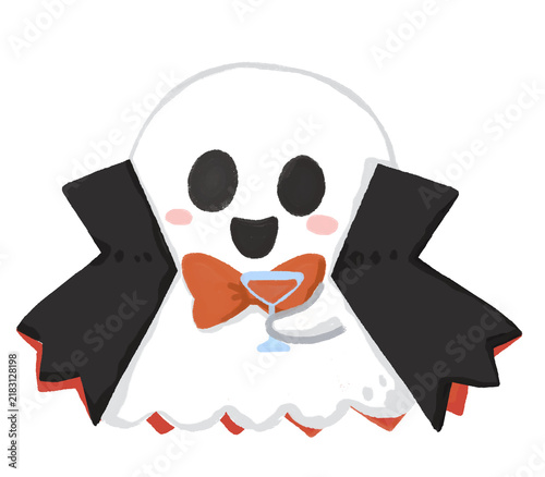 Foto Cute Ghost Dressed as Vampire with Cape and Bow Tie, Halloween Illustration, Cute Halloween Cartoon isolated on Transparent background