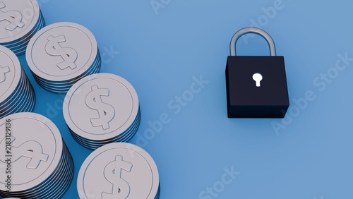 A 3d silver dollar coin stacks and a padlock. The representation of financial security, asset protection, and safe banking practices.