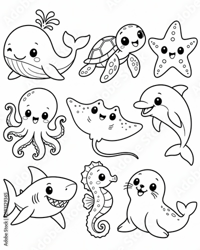 Cute cartoon sea animals collection for coloring book page isolated on white background