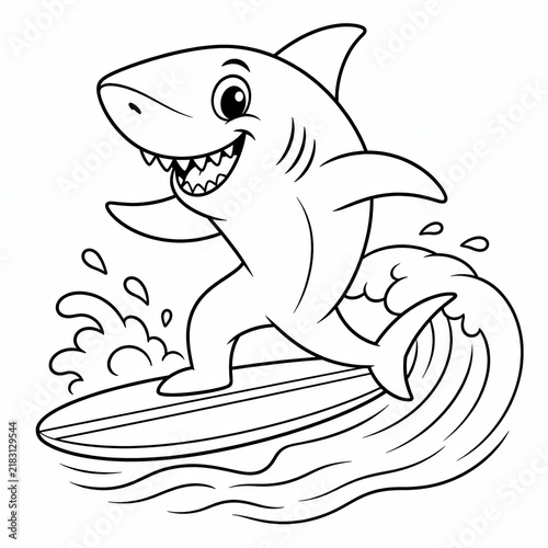 Cute cartoon shark surfing on a wave with a happy smile for kids coloring page art