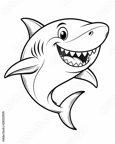 Cute cartoon shark character swimming with a big happy smile black and white drawing