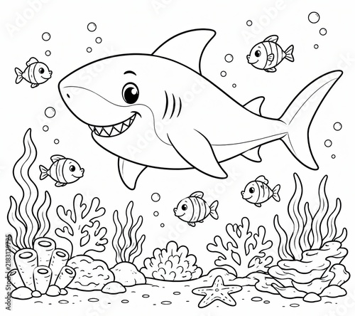 Black and white coloring page of a cute shark swimming in the deep ocean sea water