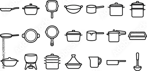 Fotografía Kitchen cookware pots and pans lineart icons set with pressure cooker skillet wo