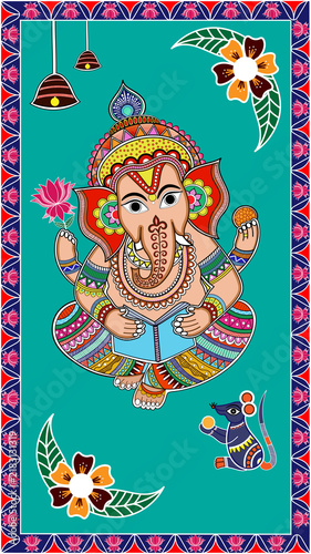 Konstfotografi Lord Ganesh Madhubani Folk Art with Traditional Indian Decorative Motifs and Mouse
